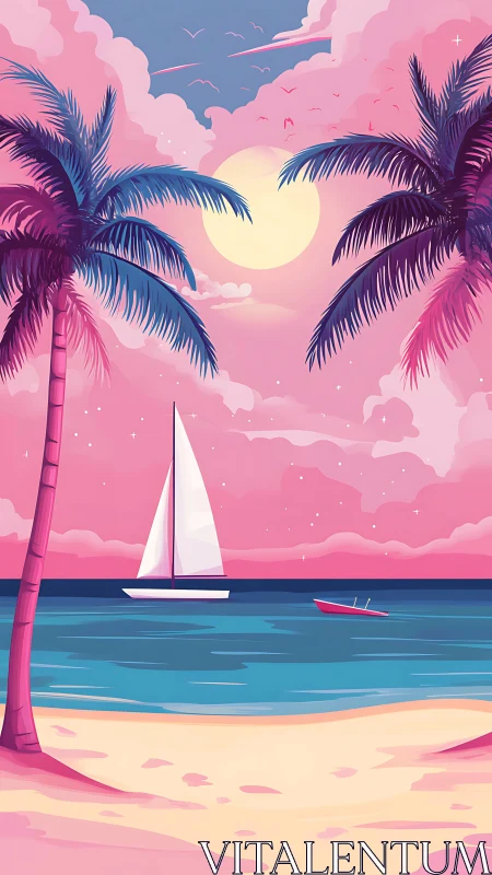 Stylized tropical beach with sailboat under pastel sky.
