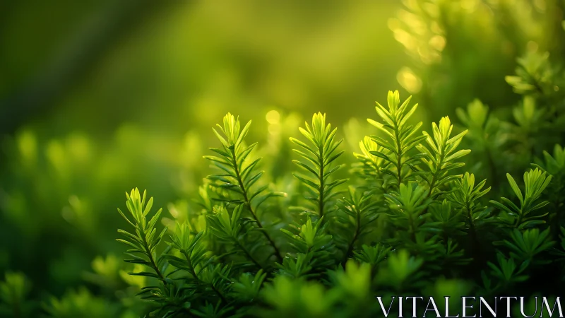 Sunlit green needles lean gently into a soft golden morning