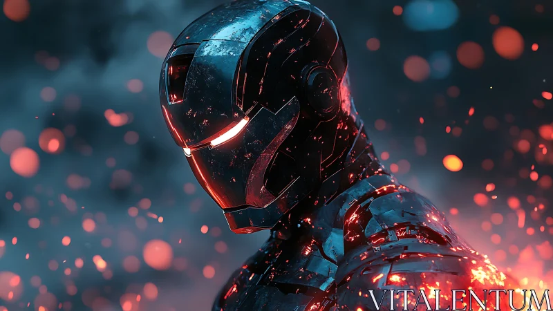 Battle-scarred armored android in high-contrast ember-lit environment