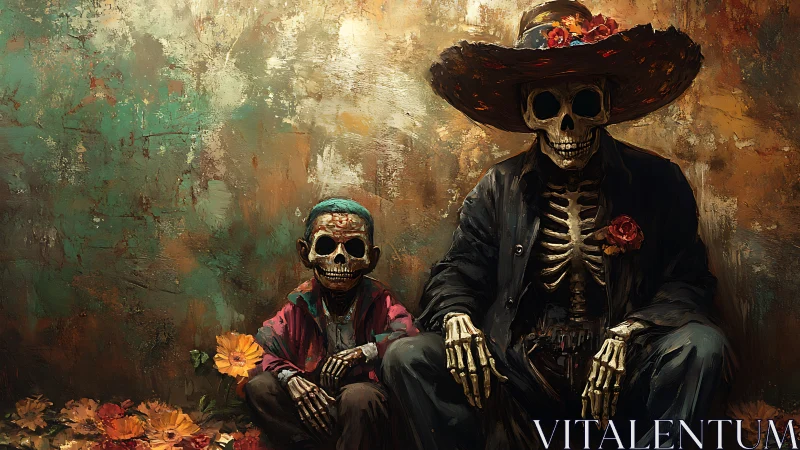 Calavera duo in festive attire against textured ochre wall.