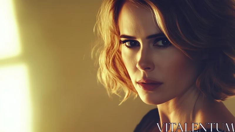 Cinematic portrait of woman in golden side lighting glow.