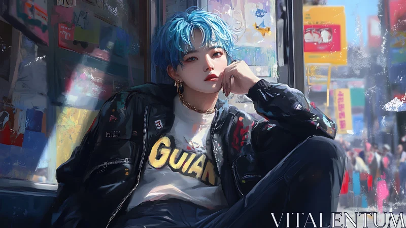 Urban blue-haired model posed in reflective city light.