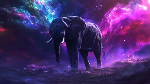 Starlit cosmic elephant wandering through nebula tides.