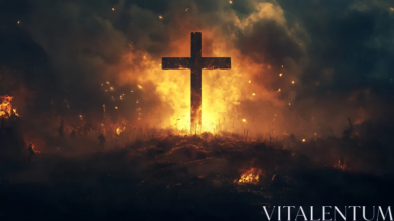 Cross silhouette on burning landscape under dark sky.