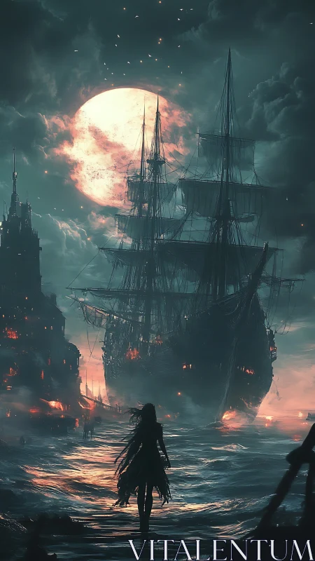 Silhouetted figure observes tall ship under full moonlight