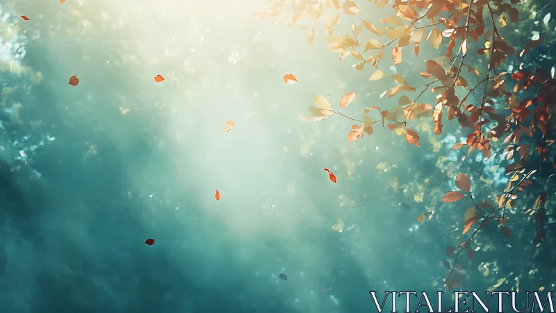 Soft sunlight through autumn leaves in quiet forest scene.