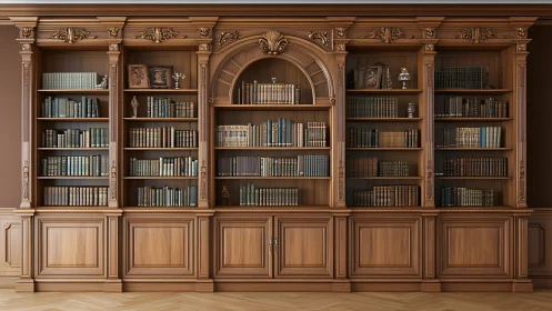 Ornate wooden library wall cradles rows of timeless books.
