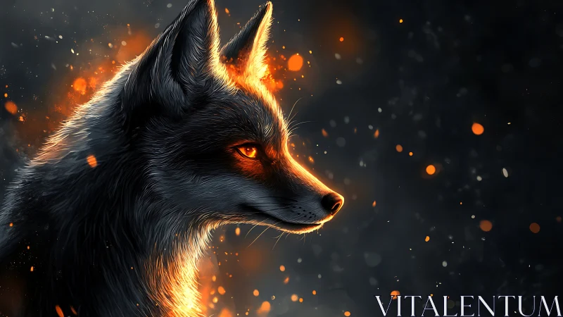 Fox profile rendered in glowing orange light and floating embers
