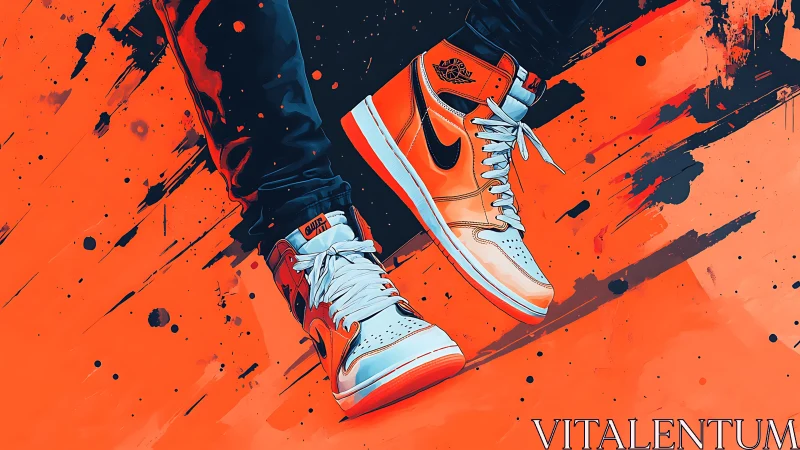 High-top sneakers in bold orange street-art motion splash.