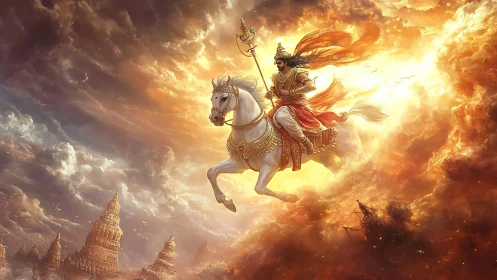 Solar storm rider crowns the sky on a divine white steed.