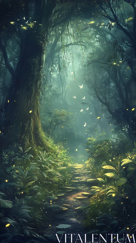 Enchanted Forest Path Glows with Golden Light and Floating Butterflies.