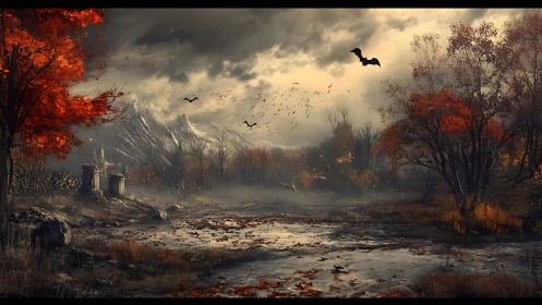 Autumn marshland with ruins, mist and circling dark birds.