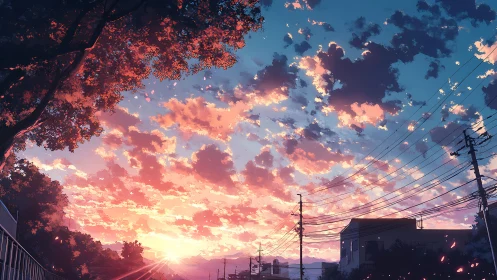 Twilight boulevard under cotton candy cloud fireworks.