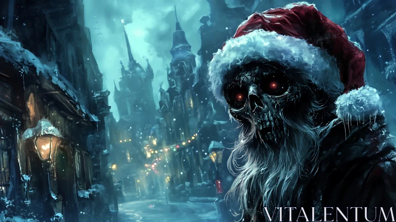 Undead Santa in eerie snowy street with gothic town