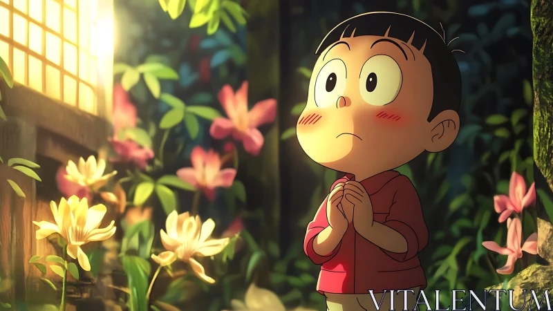 Anime child in luminous garden gazing toward glowing shoji window