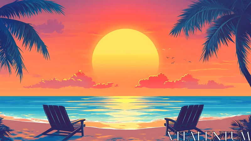 Sunset illuminates tropical beach with two empty chairs