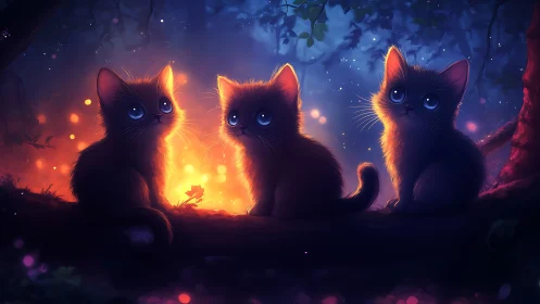 Three Luminescent Kittens Silhouetted Against Glowing Campfire
