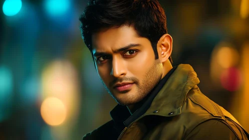 Photorealistic urban portrait with cinematic bokeh lighting.