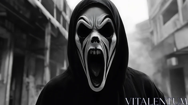 Howling reaper mask stalking a fog-choked ruin street.