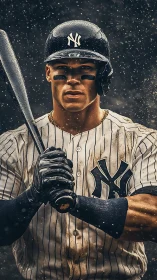 Focused baseball slugger stands ready under stadium rain