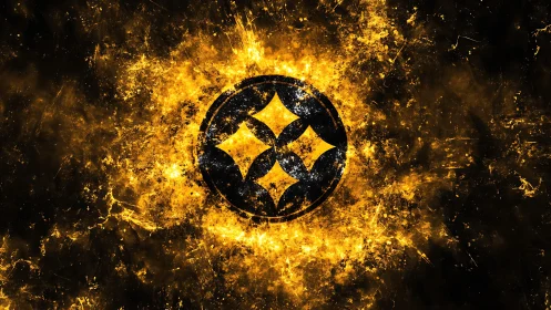 Yellow energy burst surrounds dark circular emblem