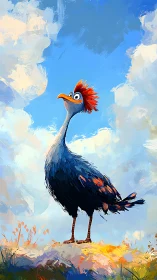 Crested Bird with Orange-Red Plumage Standing in Stylized Landscape