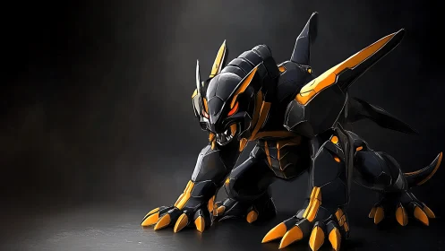 Fierce robotic dragon hound poised in glowing battle armor.