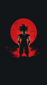 Silhouetted martial hero before textured red lunar disc