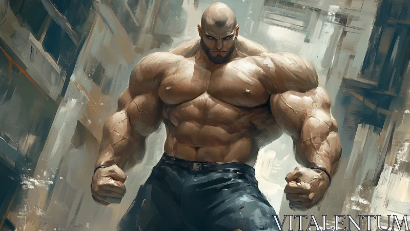 Hyper-muscular bald man in gritty urban digital painting.