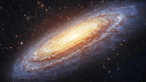 Spiral galaxy rendered with high-luminosity core and dust lanes