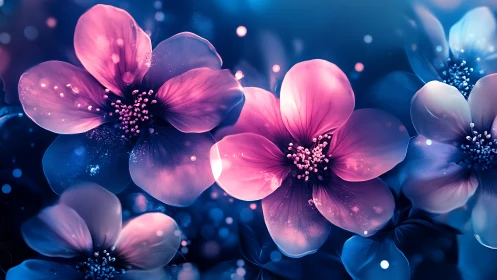 Luminous petals dance in electric twilight. Ethereal blooms glow with inner radiance.