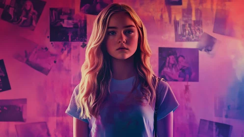 Teen girl stands in neon-lit memory wall portrait scene.