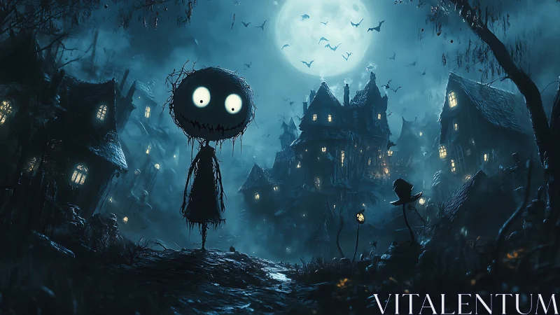Stick figure scarecrow stands before eerie moonlit village