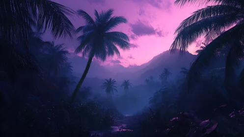Tropical Valley at Dusk with Luminous Pink Sky