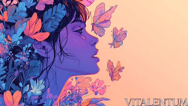 Ethereal profile with neon flora and drifting butterflies.