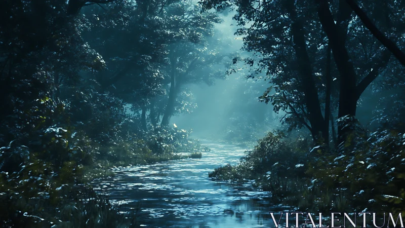 Enchanted Forest Stream in Serene Moonlight.