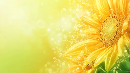 High-saturation sunflower macro with suspended water droplets dynamics