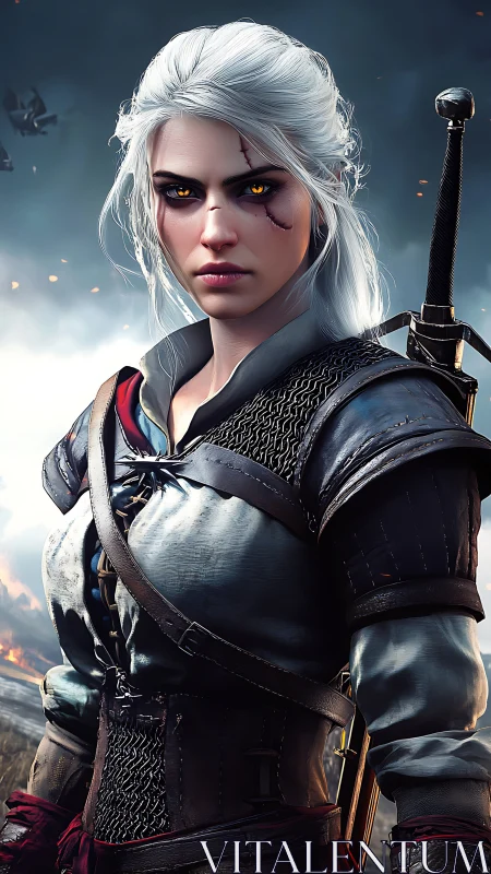 White-haired warrior with golden eyes in stormy dusk.