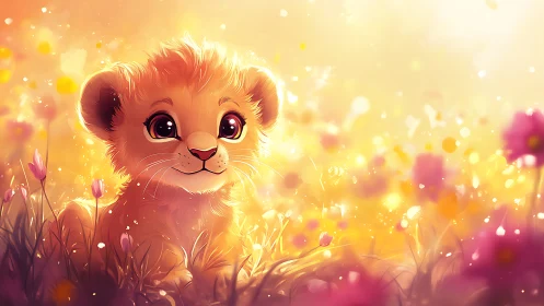 Sunlit lion cub in dreamy flower meadow glow.
