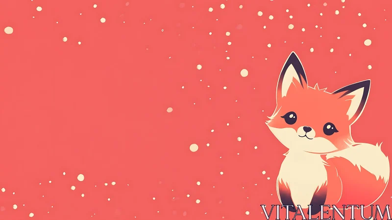 Playful coral fox illustration with soft snowfall backdrop.