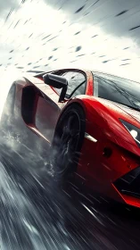 Red supercar slices through rainy highway at extreme speed.