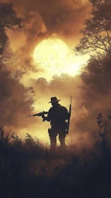 Silhouetted rifleman in misty forest against blazing sunset sky.