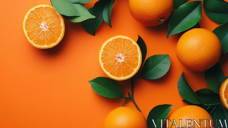 High-saturation orange composition with sliced citrus and glossy leaves