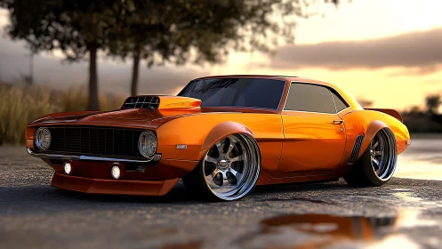 Sunset-slick muscle car crouched low on mirror chrome wheels.