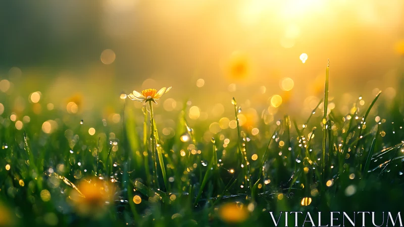 Macro optical study of dew-lit daisy in sunrise bokeh field.