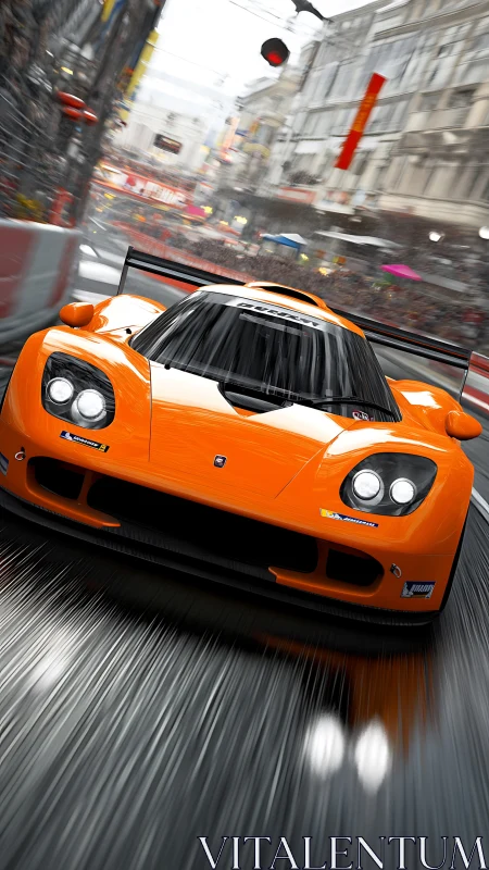 Orange GT race car blasting through wet city chicane.