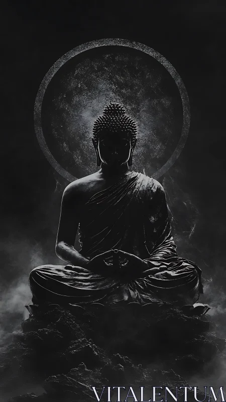 Buddha statue sits in dark mist with radiant halo ring