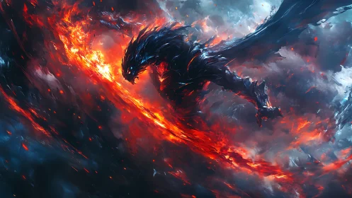 Fire dragon silhouette spirals through molten storm clouds
