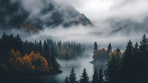 Mist-shrouded mountain lake beneath forested slopes.