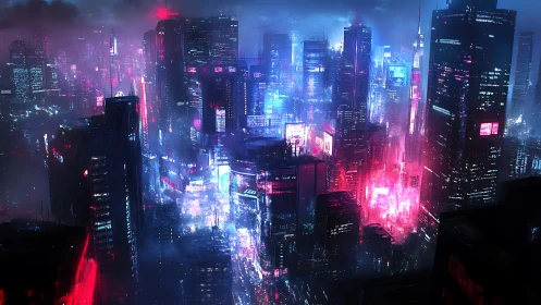 Neon cyberpunk megacity pulses under storm-dark skyline.